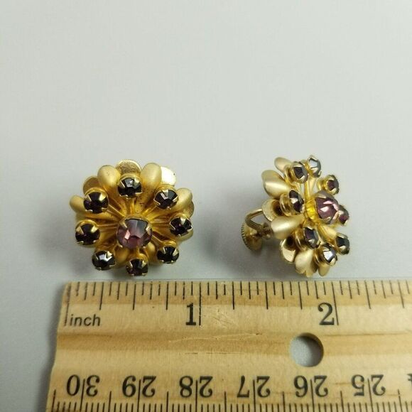 Vintage Dark Purple Rhinestone Flower Clip On Earrings, Gold Tone Screw Backs - Picture 4 of 6